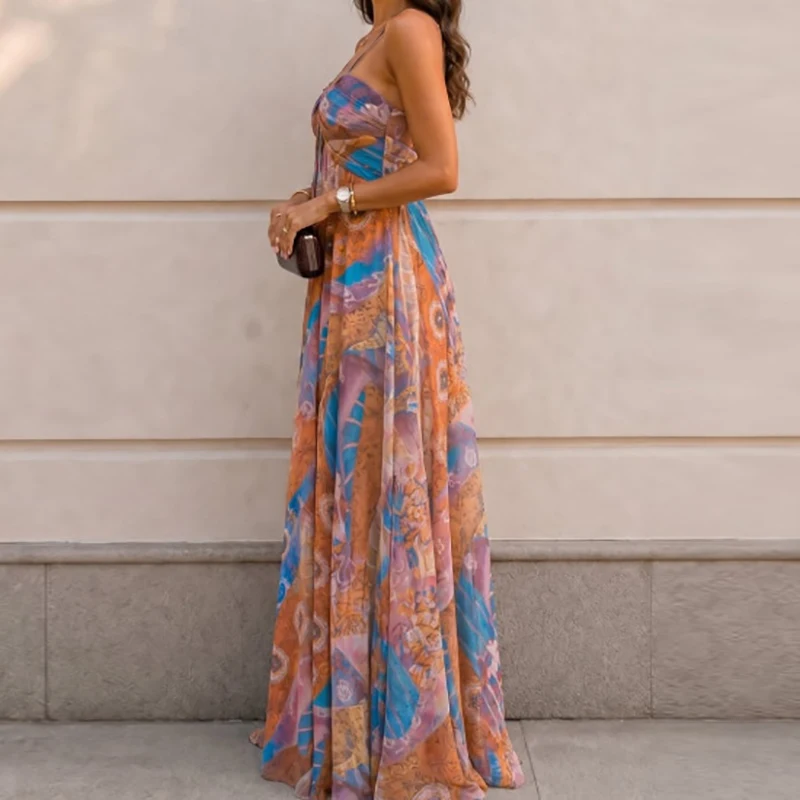 Women Sleeveless Backless Long Dresses Fashion Pattern Print High Waist Maxi Dress Spring Sexy Lace-up Halter Hollow Party Dress