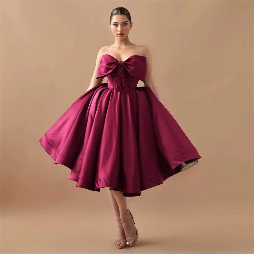 

Burgundy Satin Formal Evening Dresses Off Shoulder Bow A-Line Backless Occasional Prom Dress Tea Length Homecoming Party Gowns