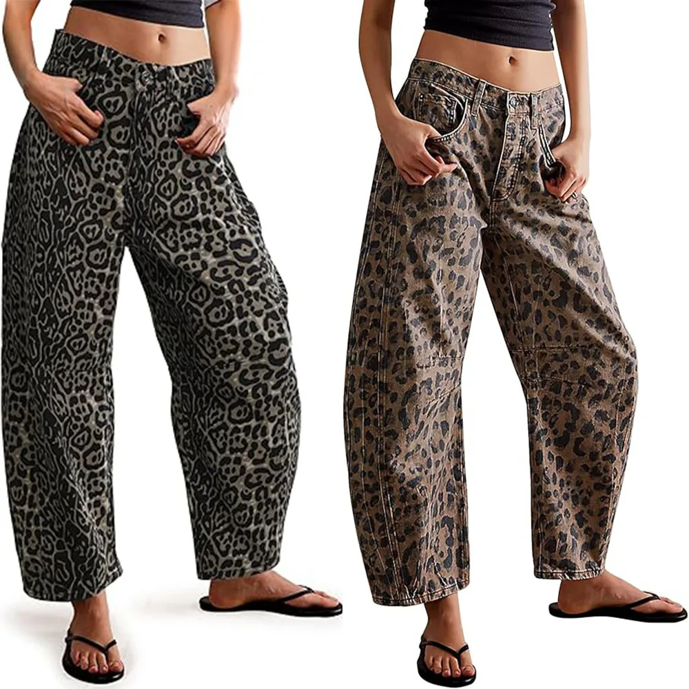 2026 Women's New Fashion Trend Basic Versatile Street Casual Comfortable Loose Printed Leopard Print Straight Leg Women's Jeans