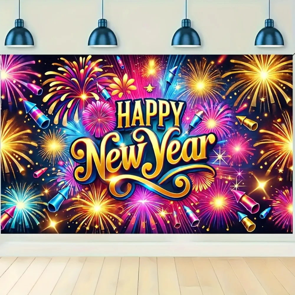 Happy New Year banner with colored fireworks, polyester, no power needed - perfect for holiday decorations and photography