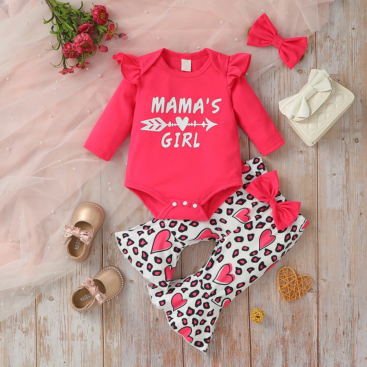 3Pcs Baby Girls Spring/ Fall Long Sleeve Print Letter Bodaysuit+Flared Pants With Heart Fashion Set+Headband