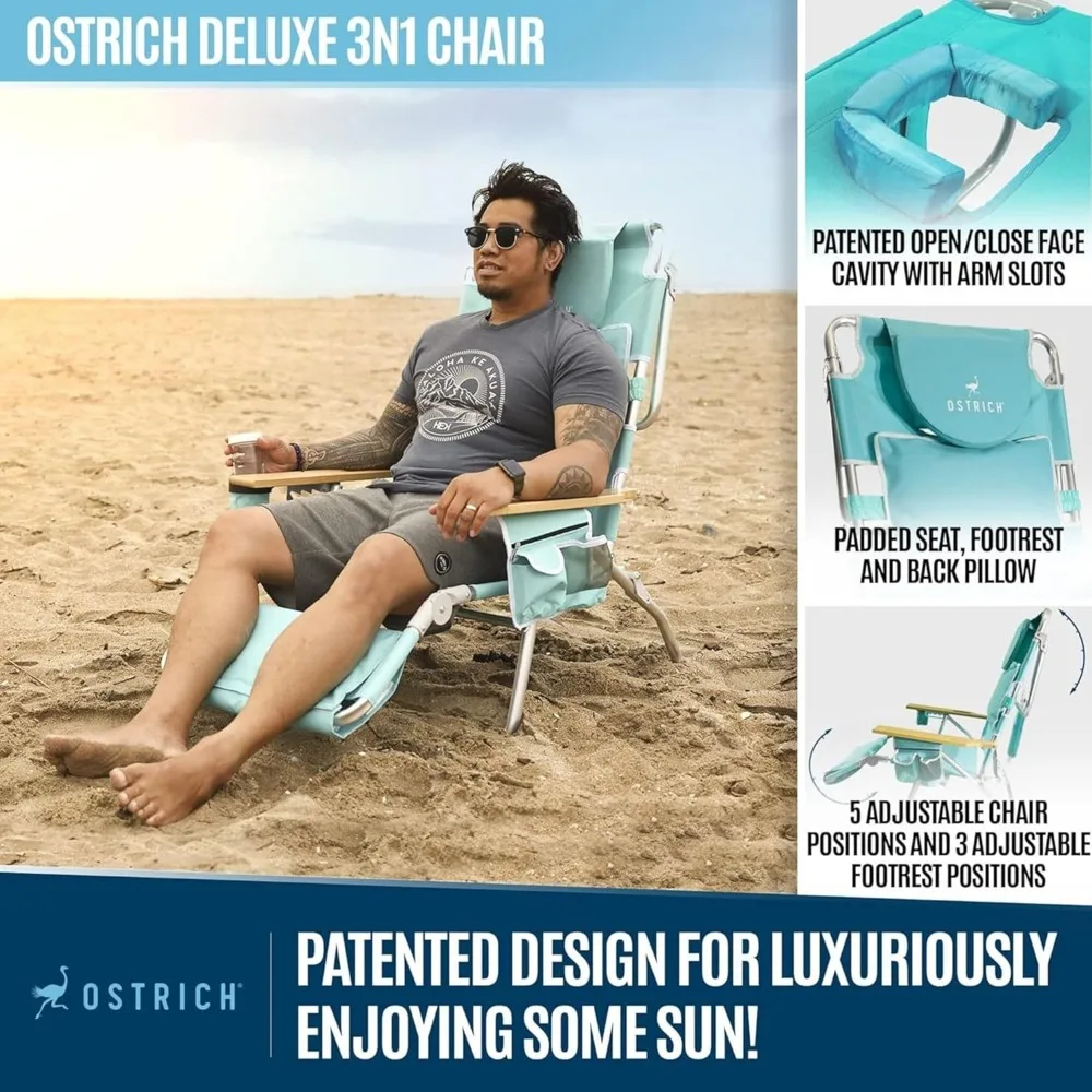 كرسي استرخاء للشاطئ قابل للطي عالي التحمل في الهواء الطلق، أكوا - 3 في 1 للاستلقاء في الحديقة