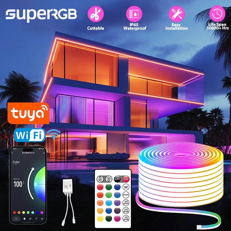 

5M WiFi Neon LED Strip Smart Tuya Led Dimmable Waterproof Silicone 24V RGB Neon Sign Tape Work With Alexa Home Decor Lighting