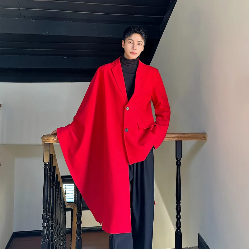 

Красный мужской смокинг с рукавами «летучая мышь» для выступлений на сцене, повседневный костюм-пиджак свободного кроя для молодежи, с длинными рукавами