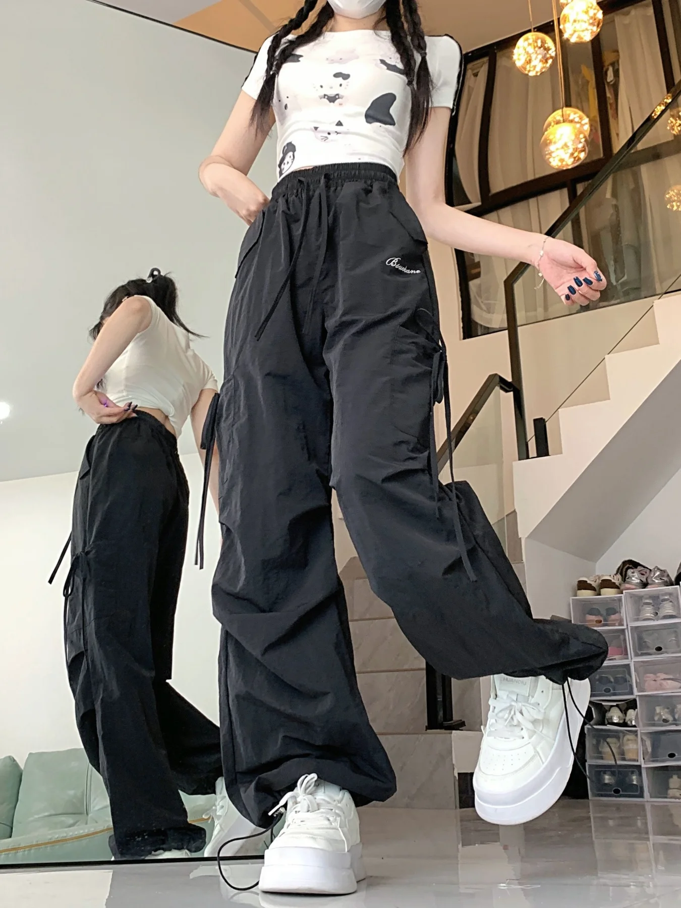 여성용 아메리칸 스타일 캐주얼 조거 팬츠, 새로운 봄, 가을 하이웨이스트 블랙 스트레이트 레그 얇은 캐주얼 루즈 레이지 다용도 와이드 레그 팬츠