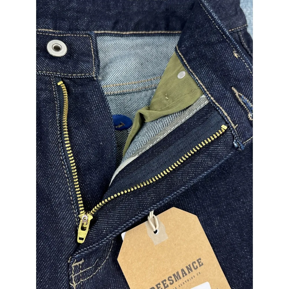 بنطلون جينز ثقيل الوزن من القطن الخالص على الطراز الأمريكي القديم للرجال بنطال صغير مستقيم ونحيف سميك اللون الأصلي #4