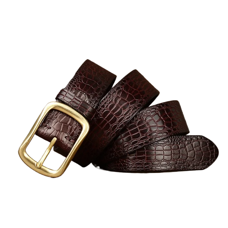 Men's Genuine Top-Grain Cowhide Leather Belt Vintage Crocodile Embossed Pin Buckle Versatile Casual Jean Strap