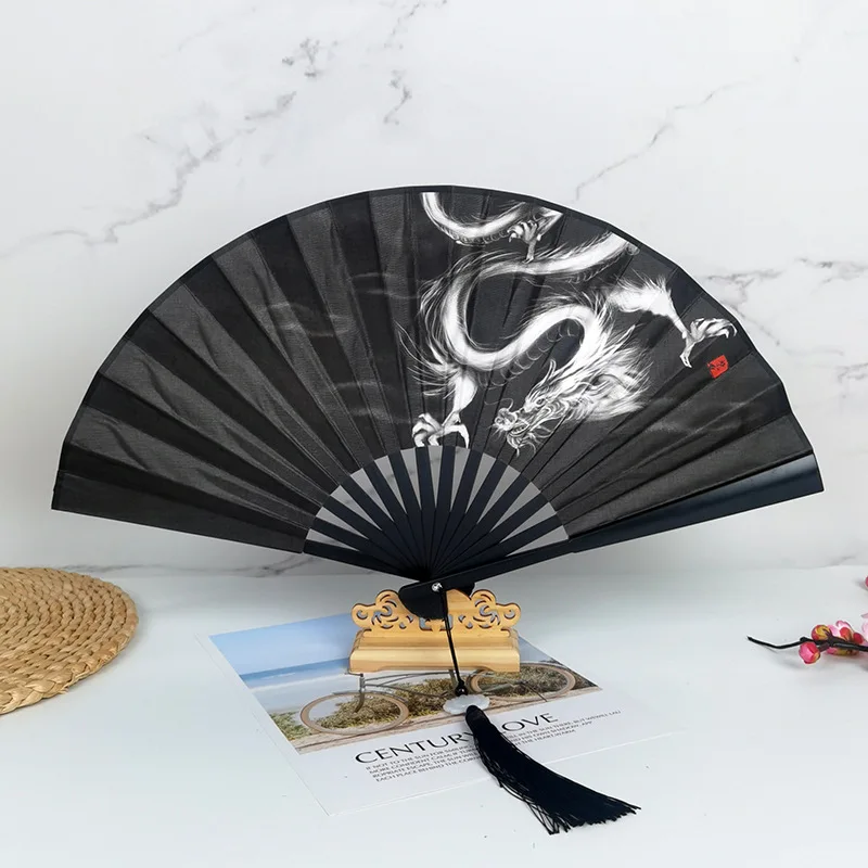 Personalized Custom Pattern Logo Text Name Chinese Style Men's Folding Fan - Retro Cloth Hand Fan with Black Dragon Pattern, with Plastic Handle, Suitable for Role-Playing, Weddings, Parties, Home Decoration - Father's Day Gift, Event Accessories, Artwork, Exquisite Illustrations, Detailed Design