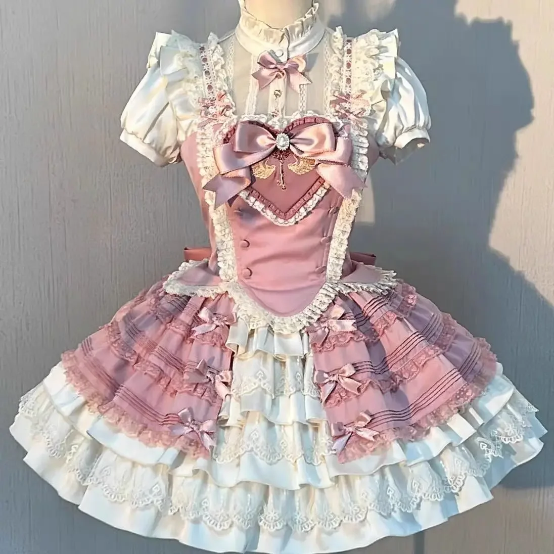 

Lolita Mini Skirt Sets Magic Girl Sweet Apricot Pink Split Three Pieces Set Kawaii Bow Sling Vest Lace Shirt Ruffles Cake Skirts