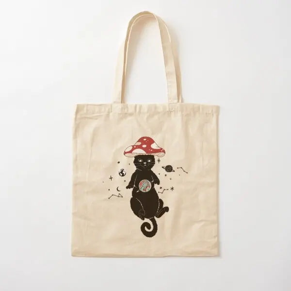 Cat Fly With A Mushroom Hat In Space Cot  Canvas Bag Reusable Handbag Shoulder Bag Casual Foldable Shopper Women Fashion Unisex