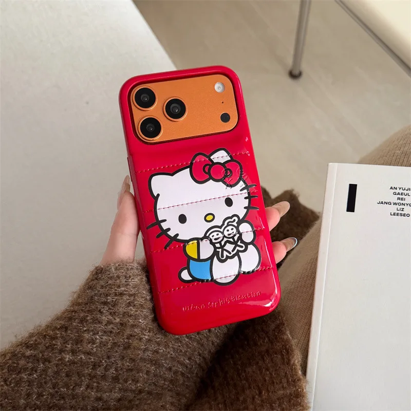 Hello Kawaii KT Leather Down Jacket Phone Case for iPhone 18 Pro Max 17 16 15 14 13 Pink Red Cartoon Anti-Drop Leather Cover
