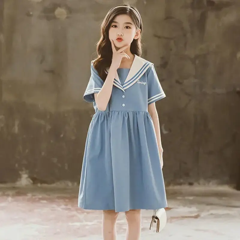 2024 new japan senior Summer New retro Girls long Dress Cotton Sailor Collar Teens Casual JK Dress Baby Clothes Toddler 12 year