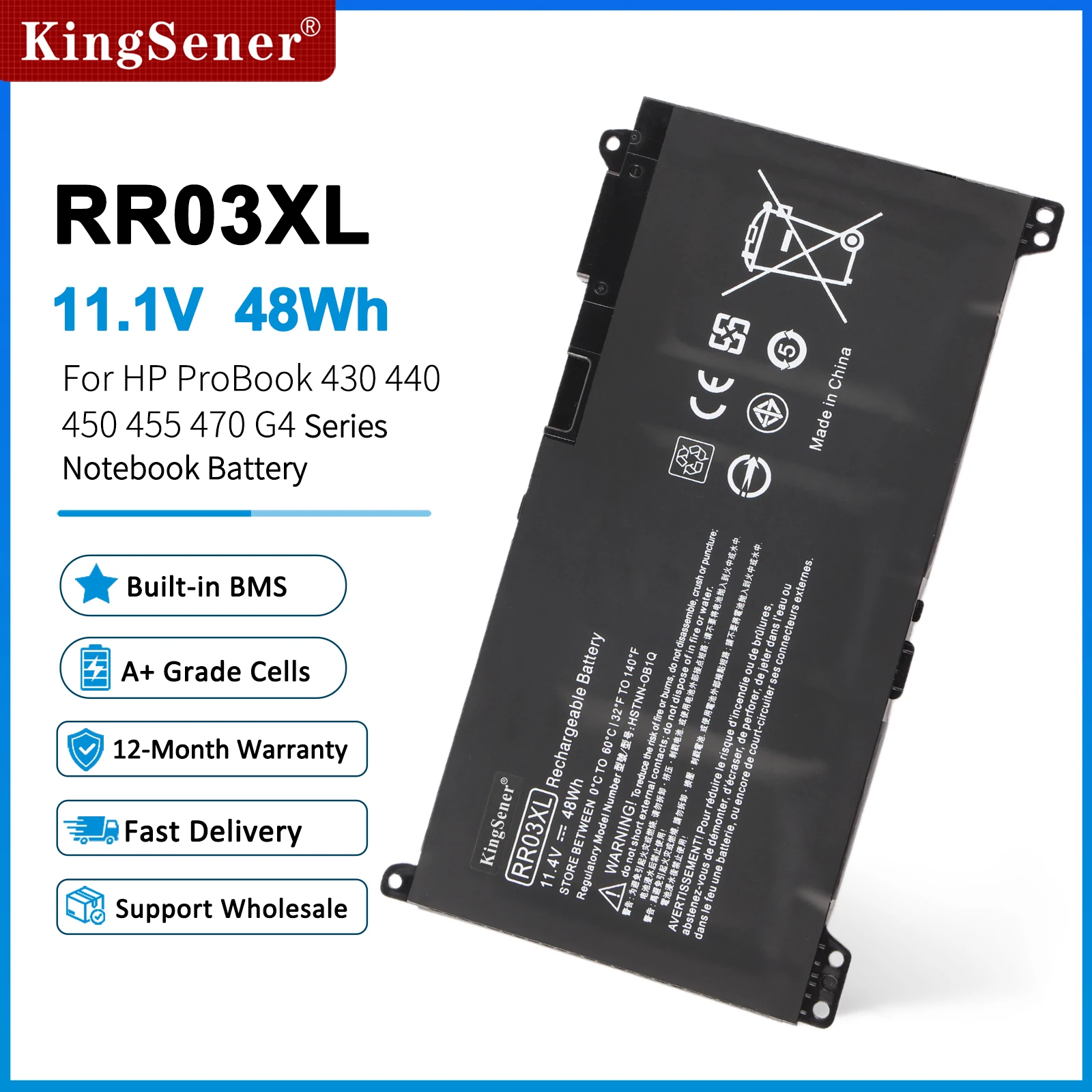 KingSener RR03XL Laptop Battery For HP ProBook 430 440 450 455 470 G4 HSTNN-PB6W HSTNN-UB7C HSTNN-LB71 11.4V 48WH