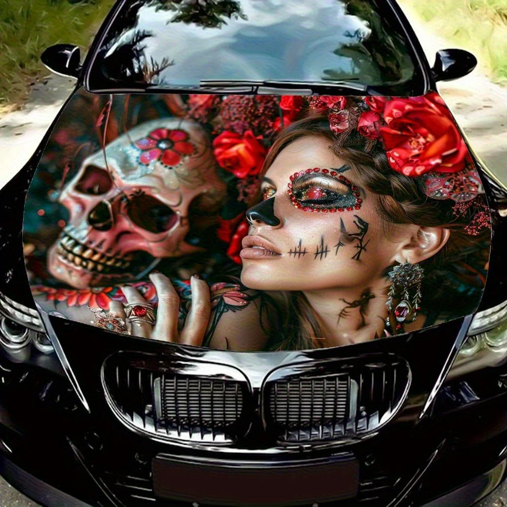Girl And Skeleton Car Hood Decal Sticker, Motorcycle And Truck Decal, Self-adhesive Durable Car Accessories, Universal For Car,