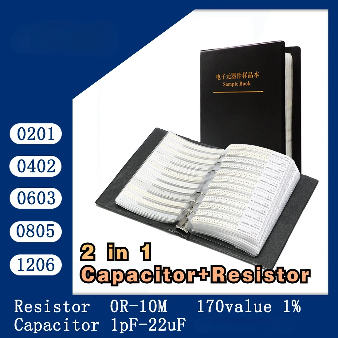 Resistor Book capacitor Book 2 in 1 Smd Book chip Sample 0201 0402 0603 0805 1206 170 values 25pcs 0R~10M 1% resistor assortment