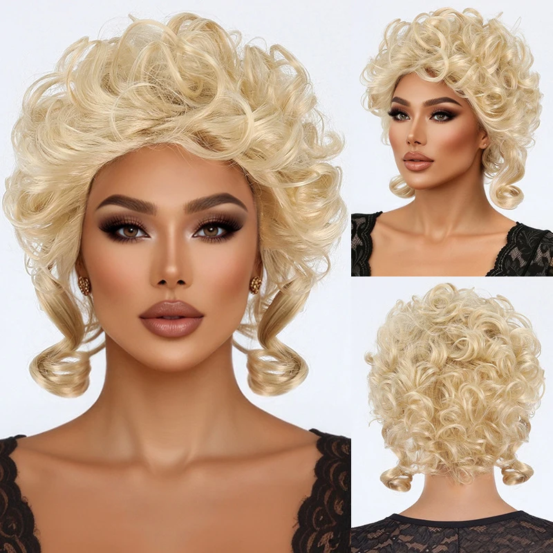 

Fluffy short curly Mary for women, golden European and American fashion , makeup performance wig with air bangs