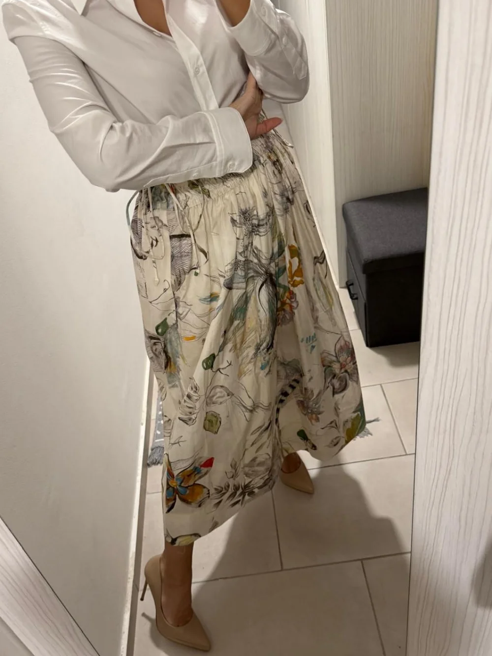 Women's Retro Casual Elegant Loose Large Hem Midi Printed Skirt Elastic Waistband Drawstring Beach Vacation Skirt