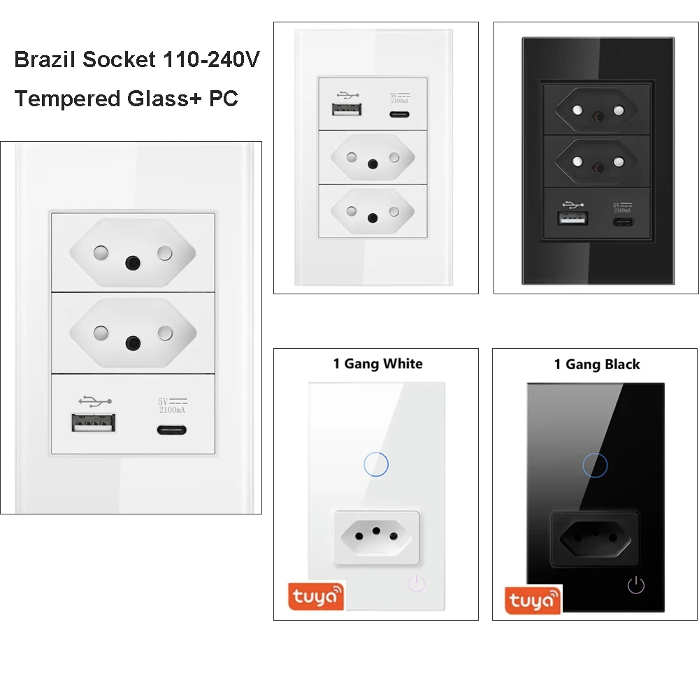 Brazil Standard Outlet USB Type C Wall Power Socket 110-240V Tempered Glass+PC Light Switch 118*72mm White Black 10A 20A Tuya