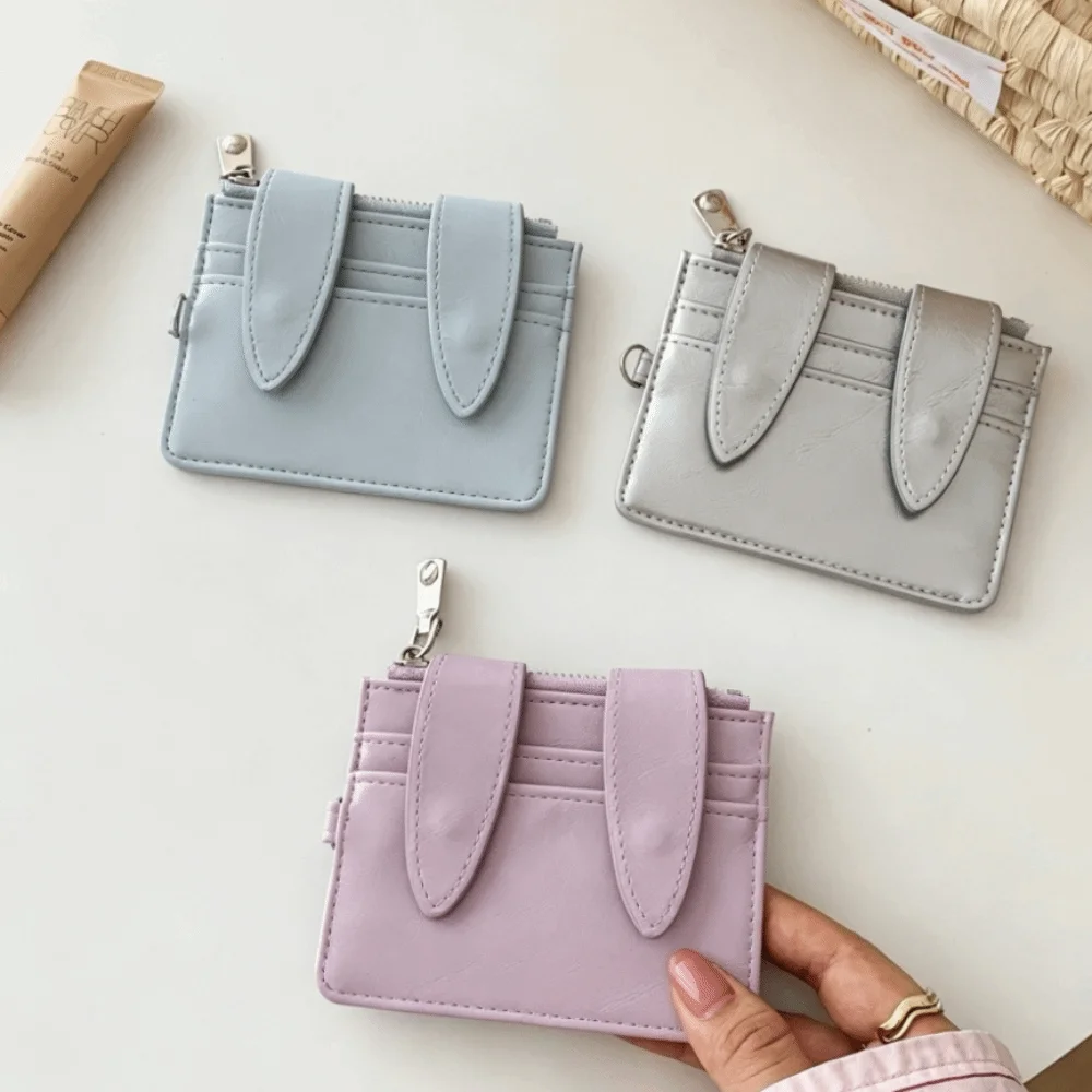 Fashion PU Leather Bunny Ear Card Holder Multi Slots Multi-functional ID Card Case Lightweight Snap Button Card Wallet Commute