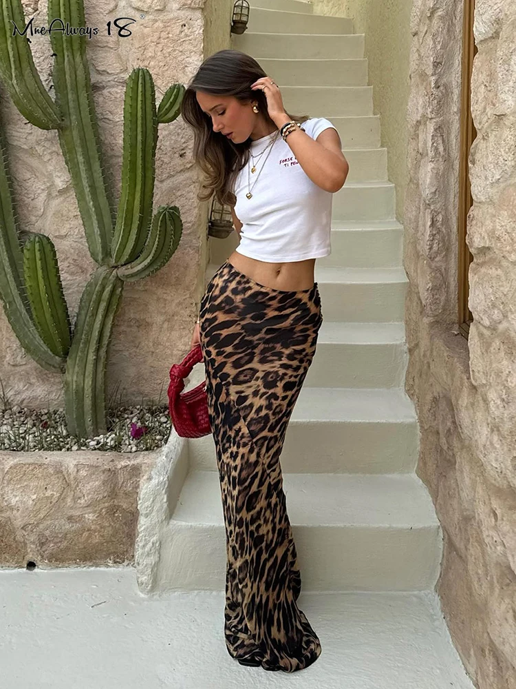 Mnealways18 Leopard Print Floor-Length Fishtail Skirts For Women Vacation 2024 High Waist Long Skirts Office Ladies Maxi Skirts