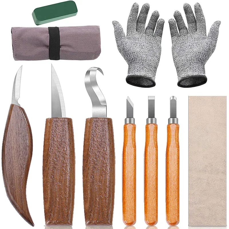 

10Pcs Wood Carving Knife Chisel Woodworking Cutter Hand Tool Set Peeling Woodcarving Sculptural Spoon Carving Cutter