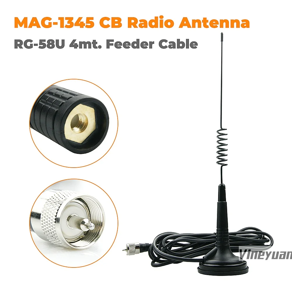 27MHz CB Radio Mag-1345 Antenna with Magnet Base 4 Meters Cable BNC Male (Optional) for AnyTone AT-500M AR-925 QYT CB-58 CB-10