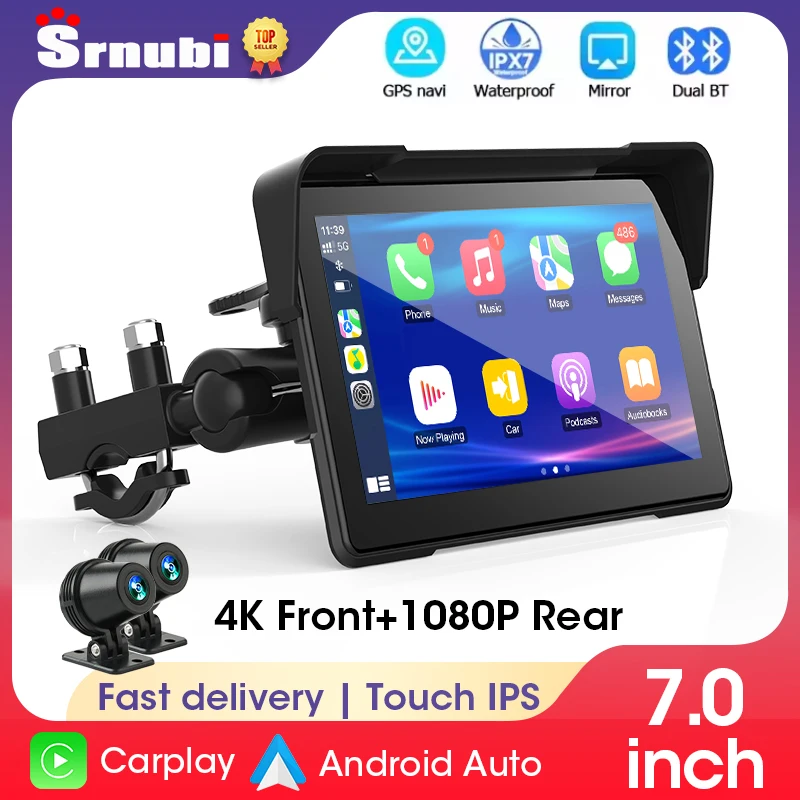 7 inch Portable Motorcycle GPS Navigation Carplay 4K+1080P DVR IPX7 Waterproof LCD Display For Wireless CarPlay Android Auto