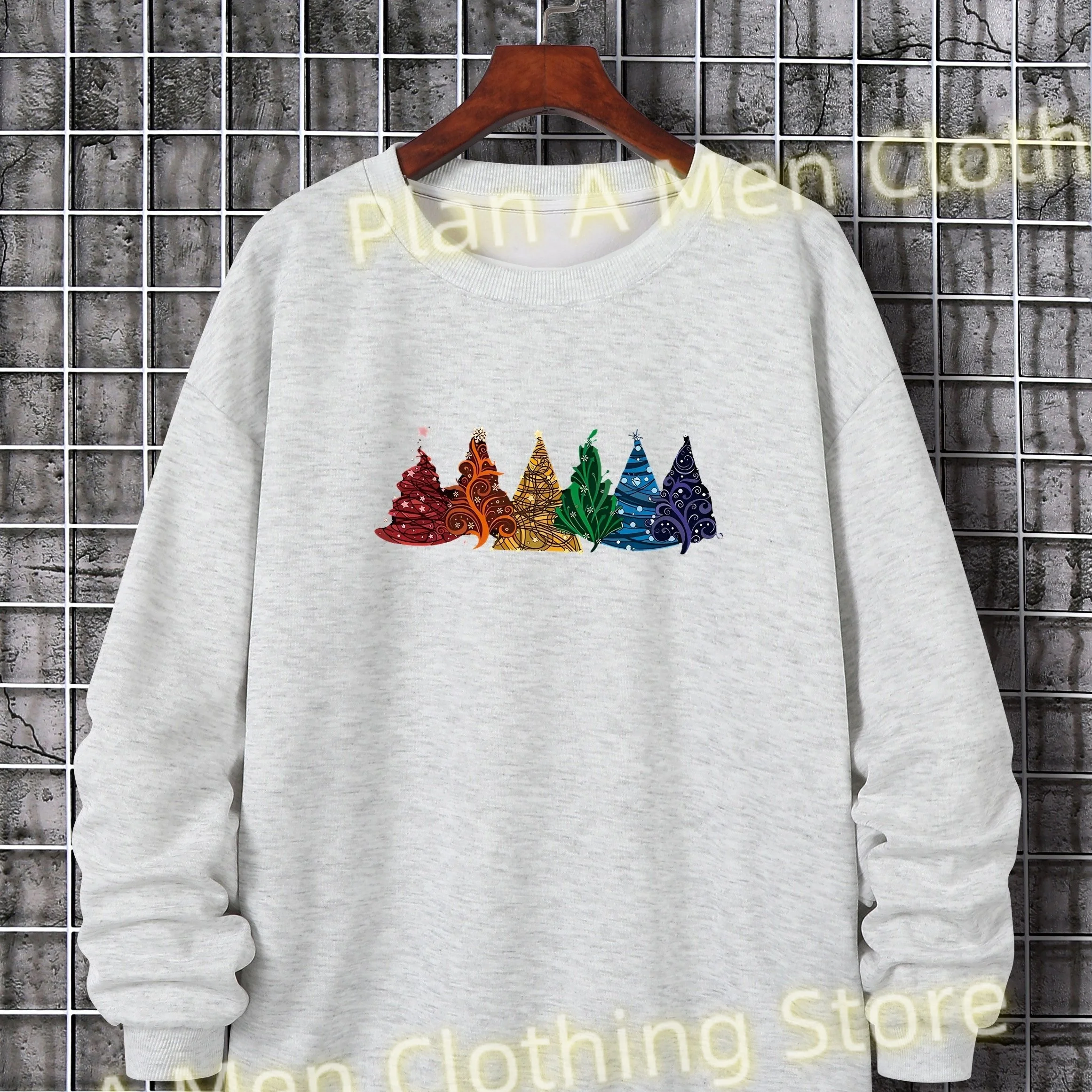 

Christmas Colorful Trees Print Mens Sweatshirt Long Sleeve Hoodie streetwears Mens Round Neck Casual Sweatshirt Men Clothes