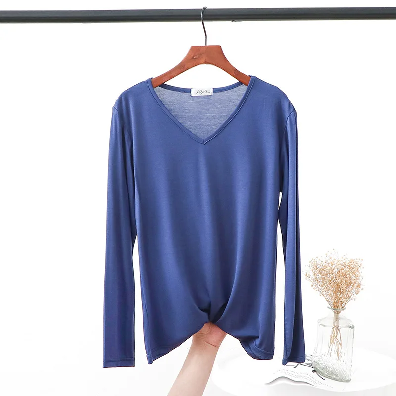 Autumn V Neck Tshirt Long sleeves Soft comfortable T-shirt Solid color Basic Bottoming Tee Tops O Neck undershirt