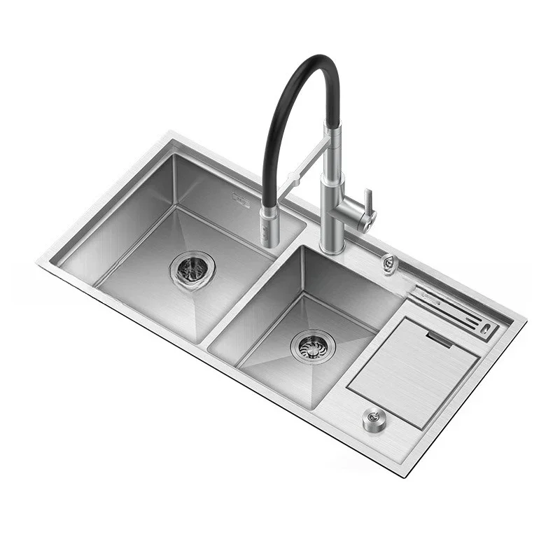 Kitchen sink 304 stainless steel brushed vegetable basin thickened function trash can with knife holder handmade sink