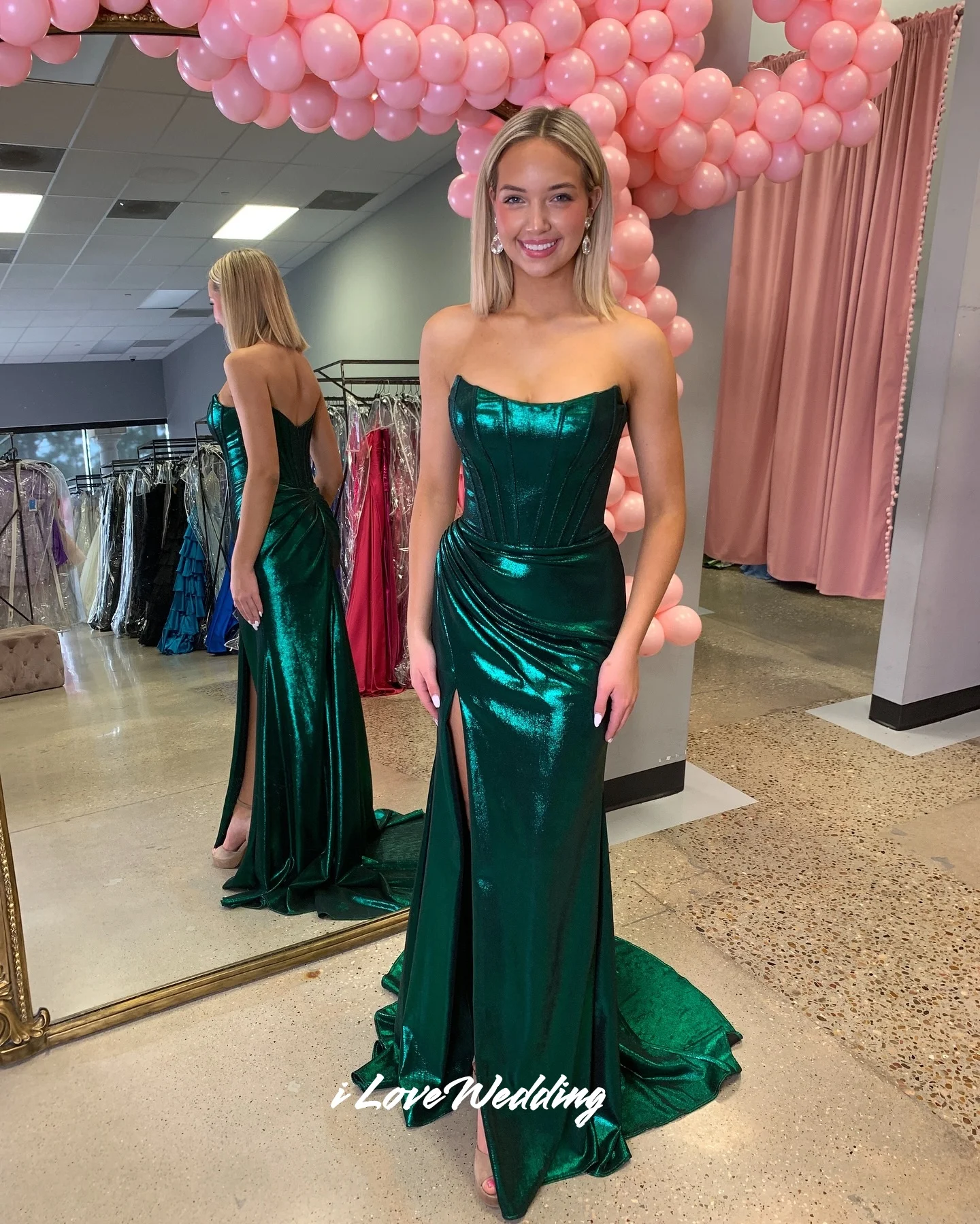 

Green Strapless Prom Dress Sleeveless Backless Mermaid Split Sweep Train платье вечернее Pleated Modern Customized