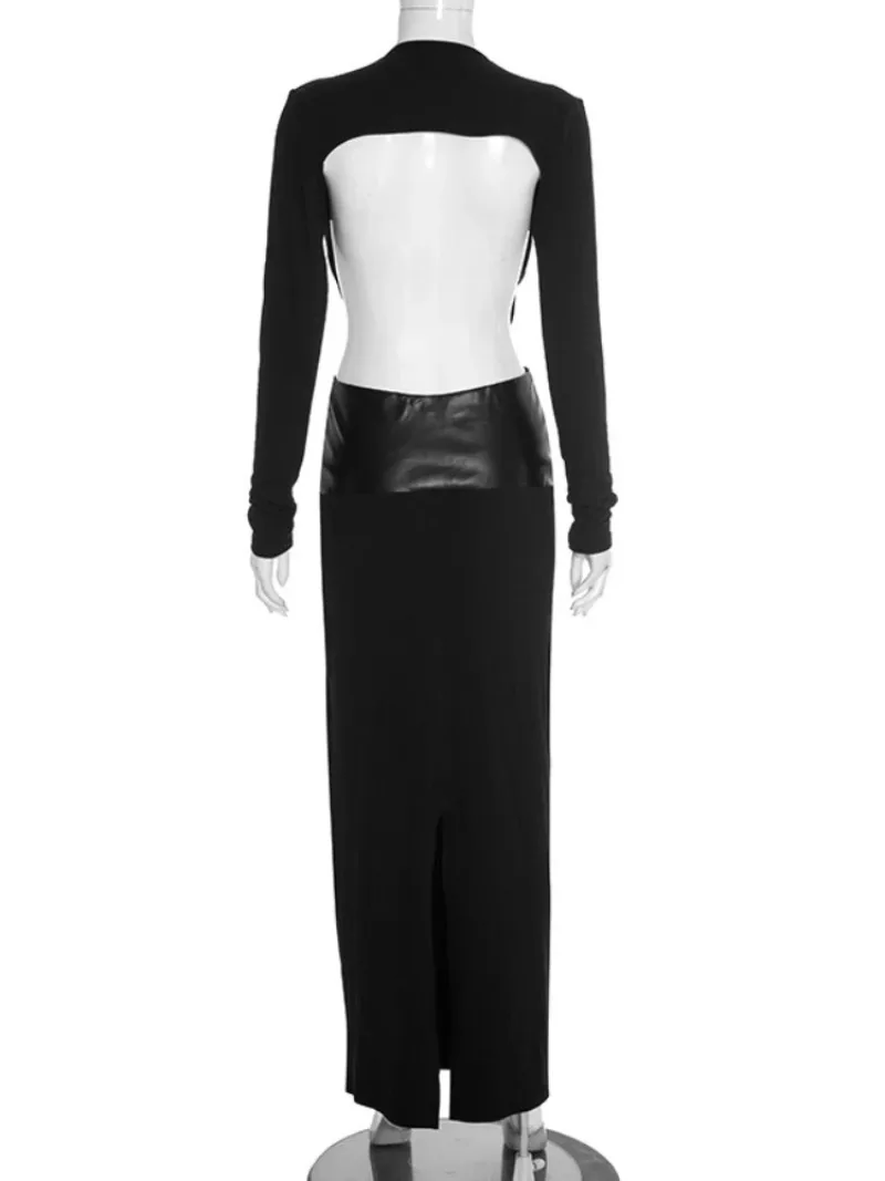 セクシーな深いVネック、長袖、透かし彫りのロングパーティードレス、女性用セクシーなナイトクラブガウン、背中が開いたスリット入りブラックイブニングドレス