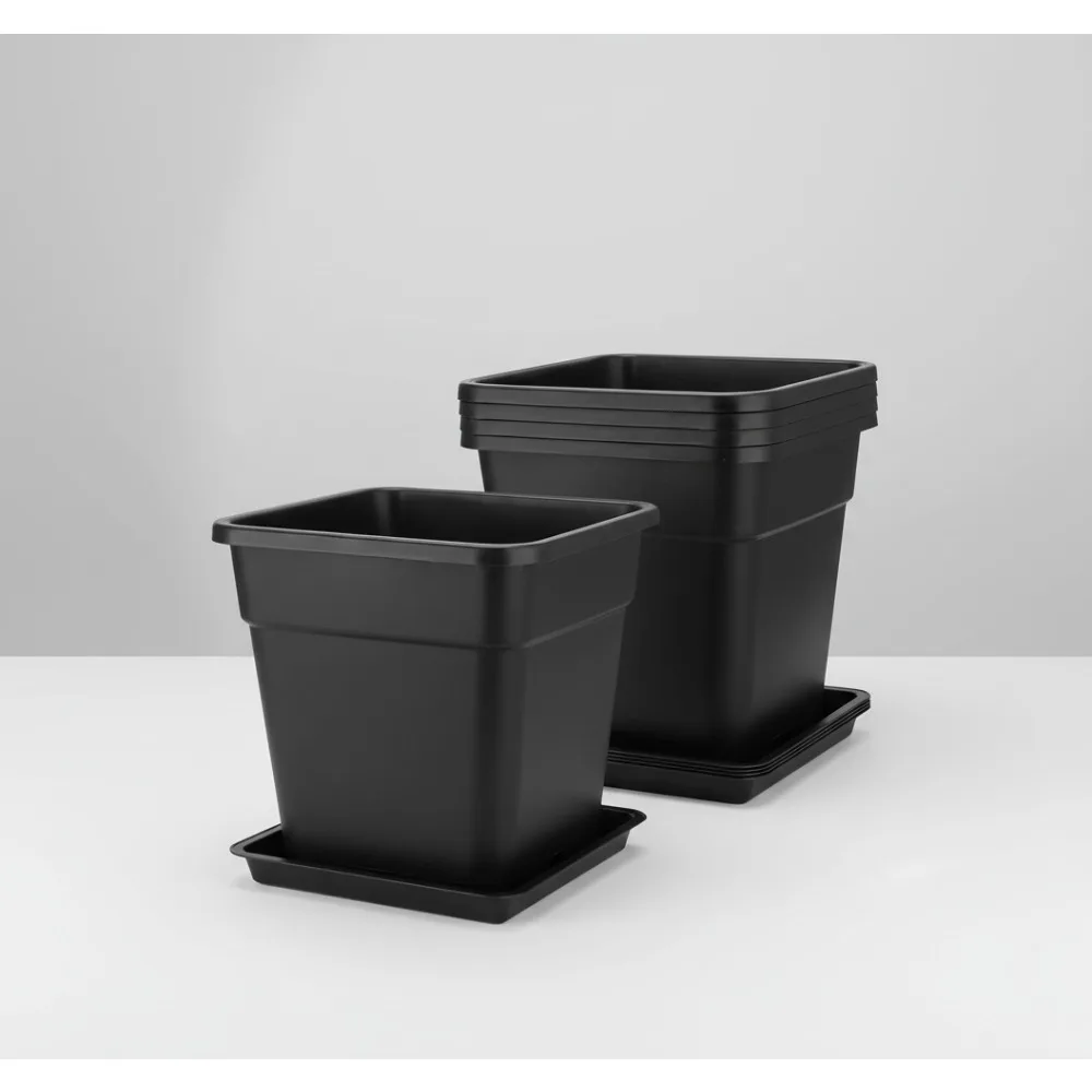 

5-Pack 5 Gallon Square Plant Pots with Saucers, 12x12 Inch Black Plastic Garden Planters for Flowers Vegetables