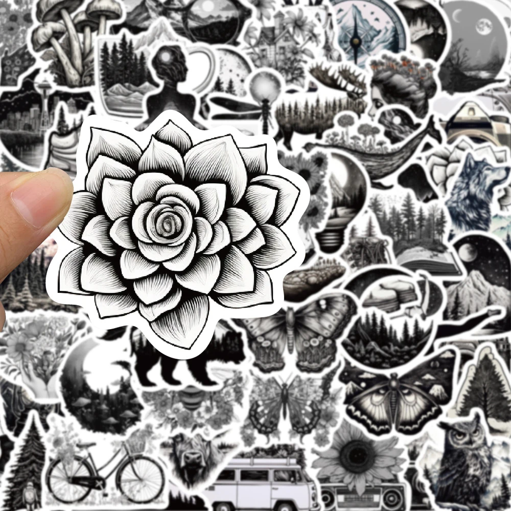 

10/30/60pcs Cool Outdoor Forest Camping Graffiti Stickers Black White Decals DIY Water Bottle Bike Suitcase Cartoon Sticker Pack