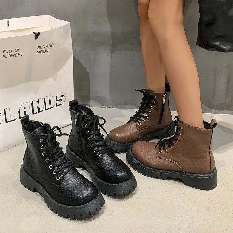 

Ботинки на платформе в британском стиле, большие размеры 35–43, женские высокие ботильоны на молнии для женщин, однотонные женские туфли Botas