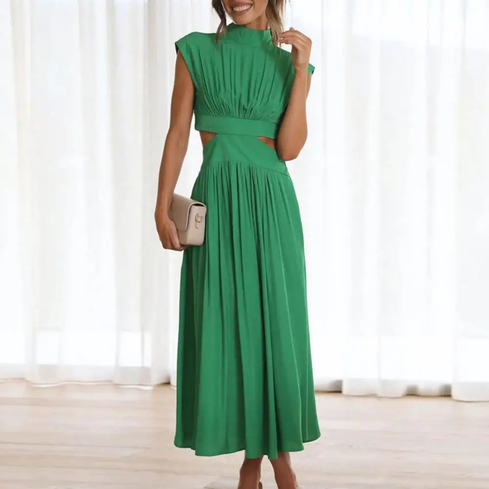 Women Green Hollow Out Maxi Dress Solid Fashion Sleeveless Backless Female Dresses Elegant Casual Ruched Long Dress Summer 2023