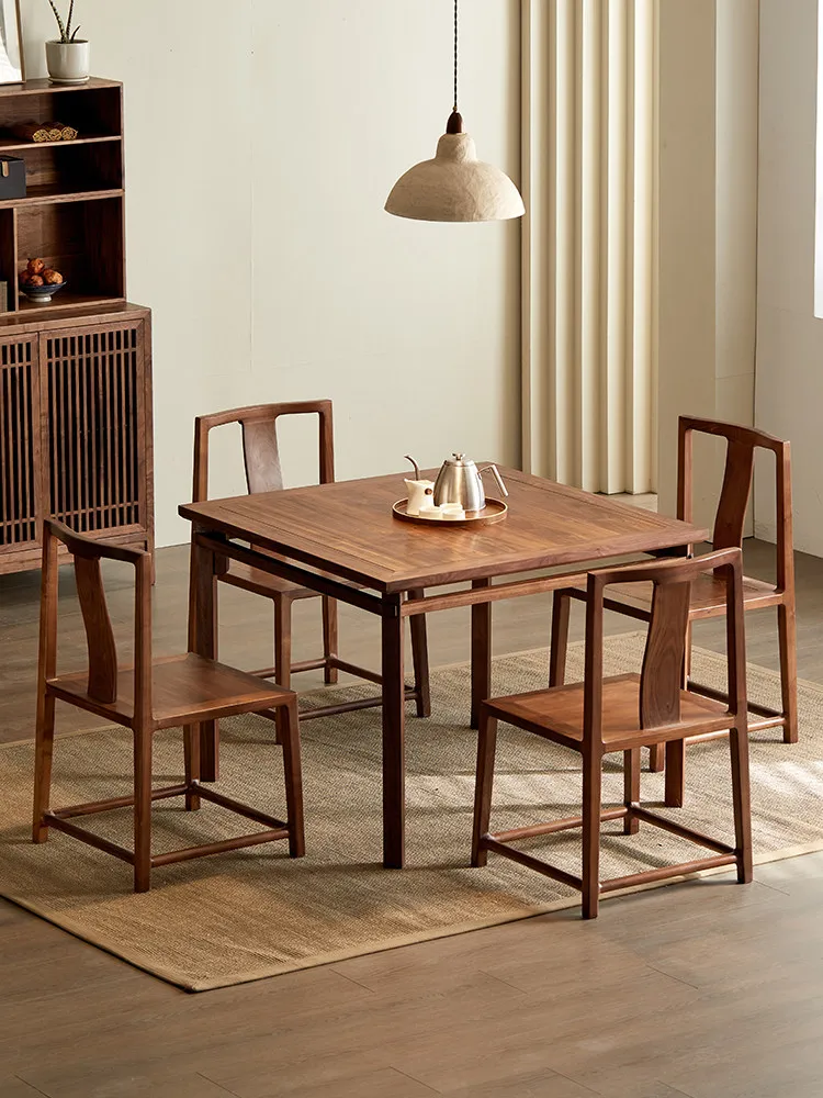 YJQ New Chinese Style Small Square Table, Solid Wood Square Home Dining Table, Zen Tea Table, Black Walnut Square Table