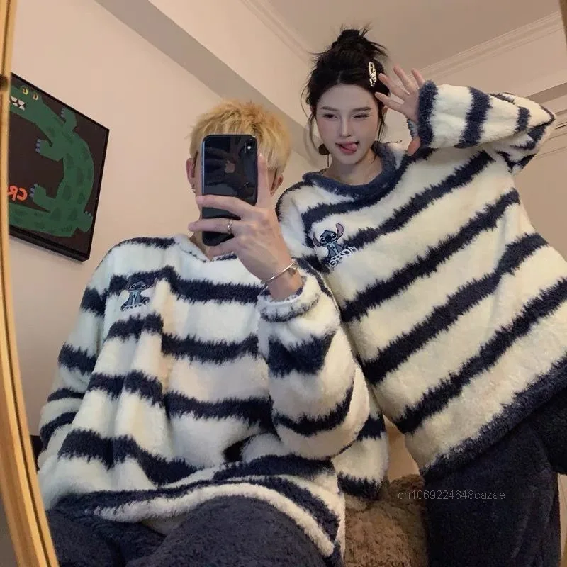 Disney Stitch Coral Fleece Couple Striped Sleepwear Women's Winter Thick Warm Men's Home Wear Korean Version Causal Pajamas Set