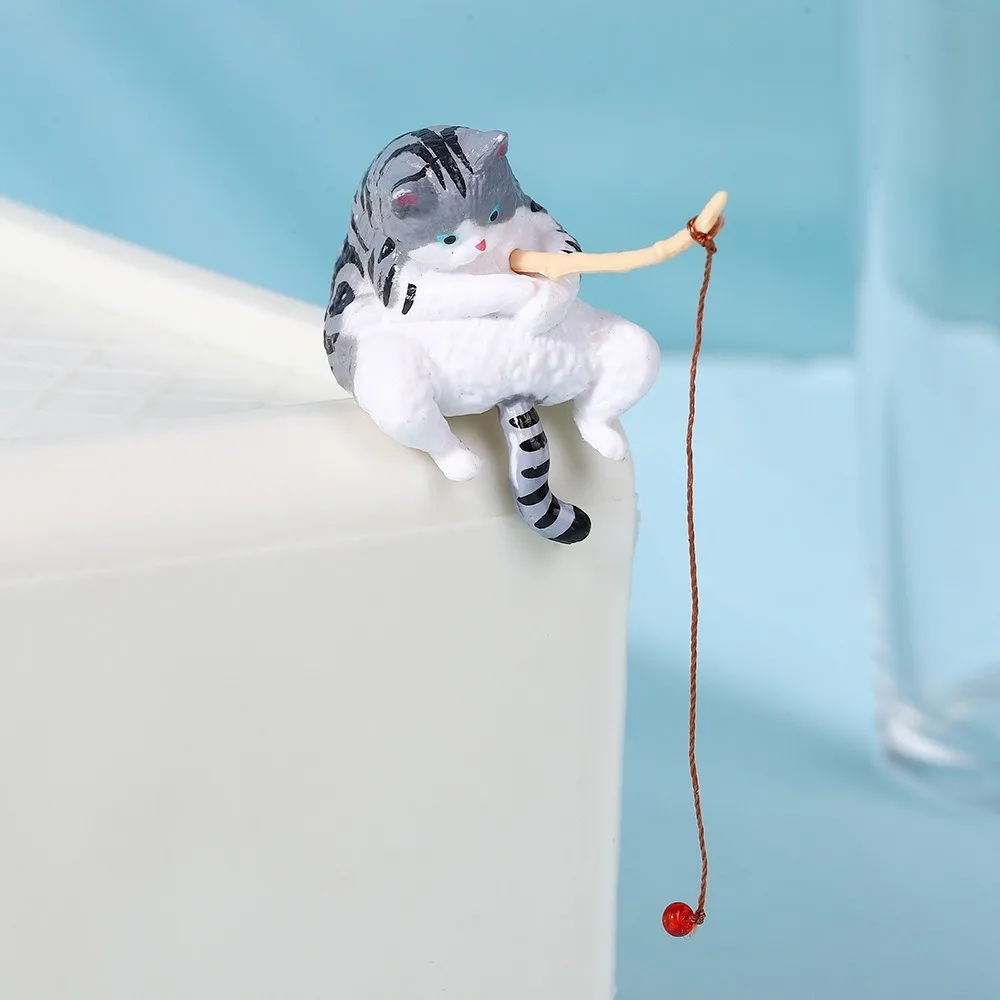 Miniature Fishing Cat Ornament Resin Cartoon Style Aquarium Decoration Creative Design Hanging Design Fish Tank Ornament