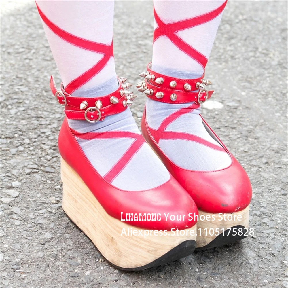

Туфли-качалки в стиле панк-Лолита с металлическими шипами и пряжкой на щиколотке, на платформе, на плоской подошве с круглым носком, уникальный новый стиль, женские туфли на каблуке для косплея