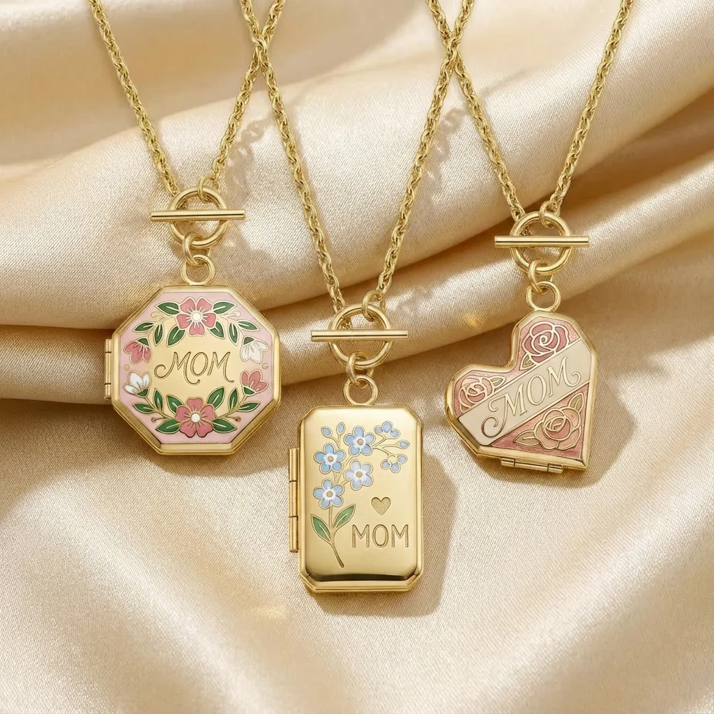 

MOM Enamel Floral Locket Necklace, Gold Plated Openable Photo Keepsake Mother's Day OT Clasp Charm Jewelry Gift