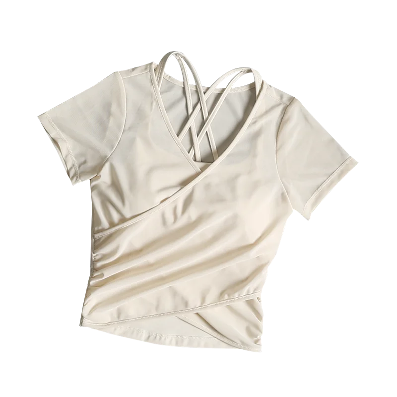 T-shirt sportiva da donna estiva a maniche corte con asciugatura rapida con imbottitura sul petto, top da yoga attillato, tuta da fitness per allenamento Pilates