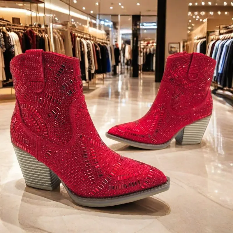 

Women's Chelsea Boots Luxury Rhinestone Ankle Boots Exquisite Pointed Tip High Heeled Boots for Woman Designer Shoes Botas Mujer