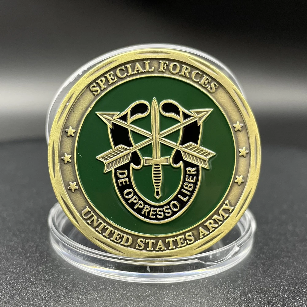 عملة تحدي القوات الخاصة للجيش الأمريكي، قبعة خضراء برونزية، مقتنيات العملات المعدنية DE OPPRESSO LIBER، ميدالية تذكارية في الكبسولة