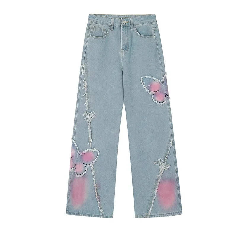 Women's Black Baggy Jeans Harajuku Y2k Aesthetic Butterfly Denim Trousers Korean Jean Pants Vintage Wide Leg Pants