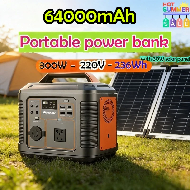 Portable Power Station 300W 64000mAh 220V Solar Generator USB DC AC Auxiliary Power Bank for Outdoor Camping