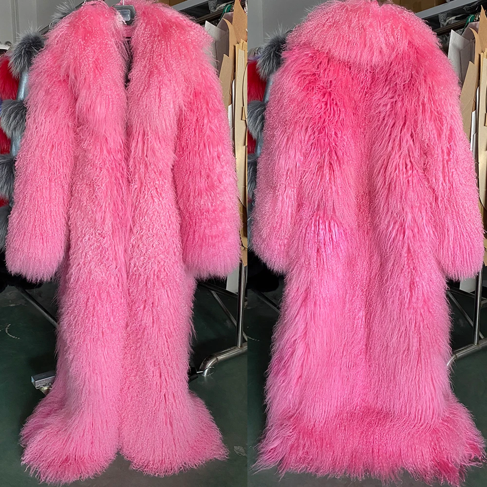 YOLOAgain 135-140cm Floor Length Mongolia Sheep Fur Coat Women Winter Warm Party Long Fur Coat Ladies Overcoat