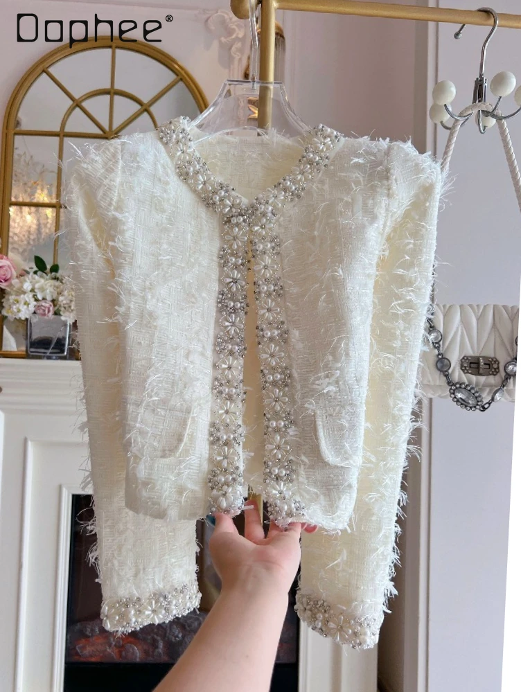 

Heavy Beaded Rhinestone Plush Tweed Coat for Women Autumn Winter Original Tassel Elegant Socialite Round Neck Long Sleeve Coat