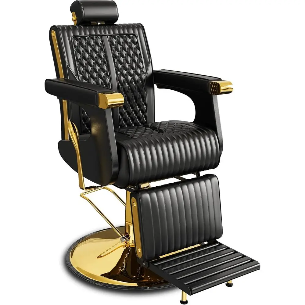 

Luxury Gold Reclining Barber Chair with PU Upholstery, Comfortable Cushion, Swivel Base, 440 lbs Capacity