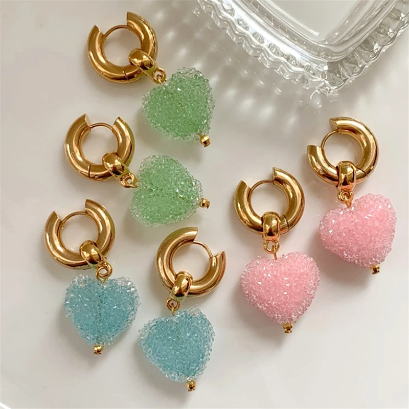 HUANZHI 2022 New Shiny Soft Sweets Candy Macaron Color Heart Glass Love Gummy Earrings For Women Girls Party Jewelry